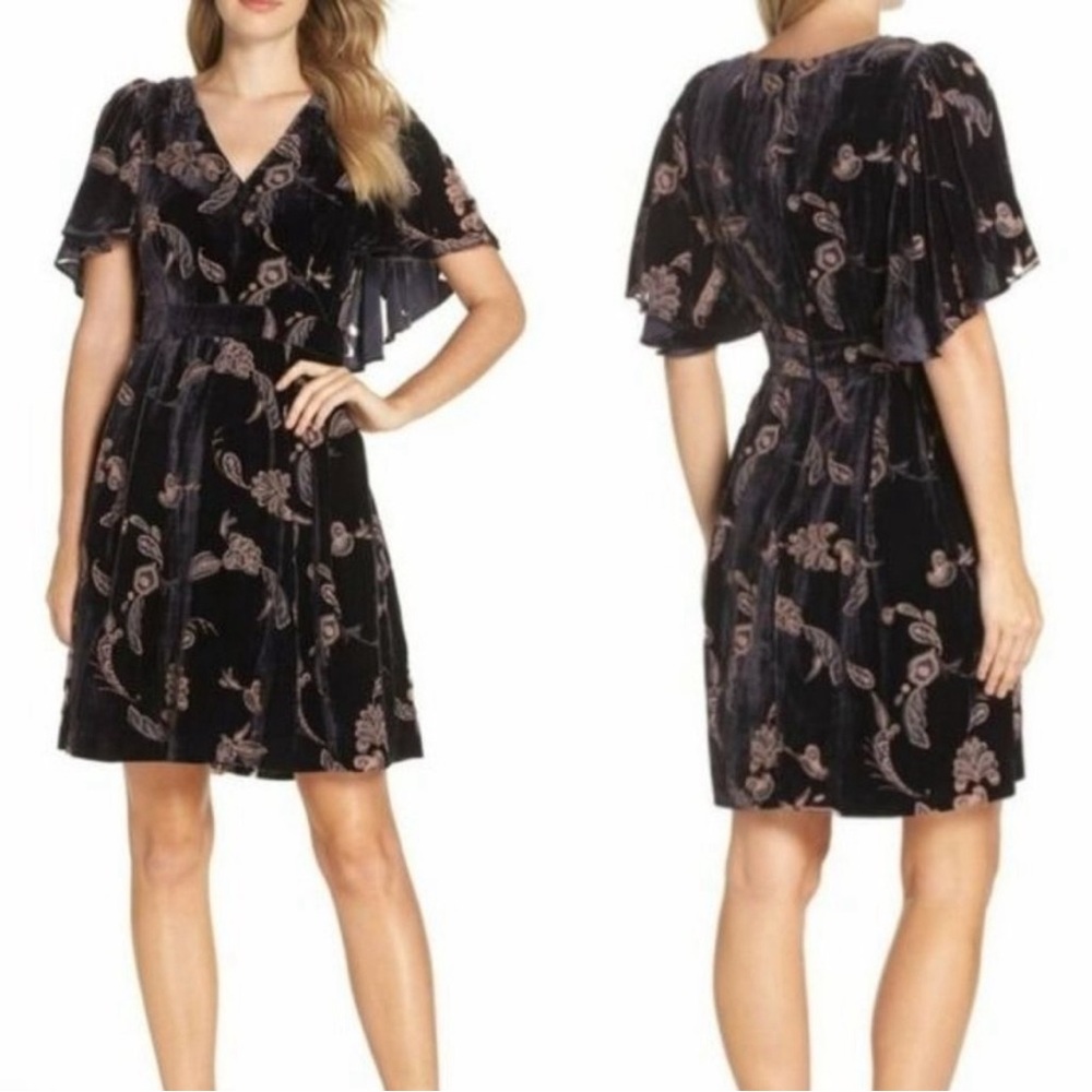 Velvet Cape-Sleeve Floral/ Paisley Dress